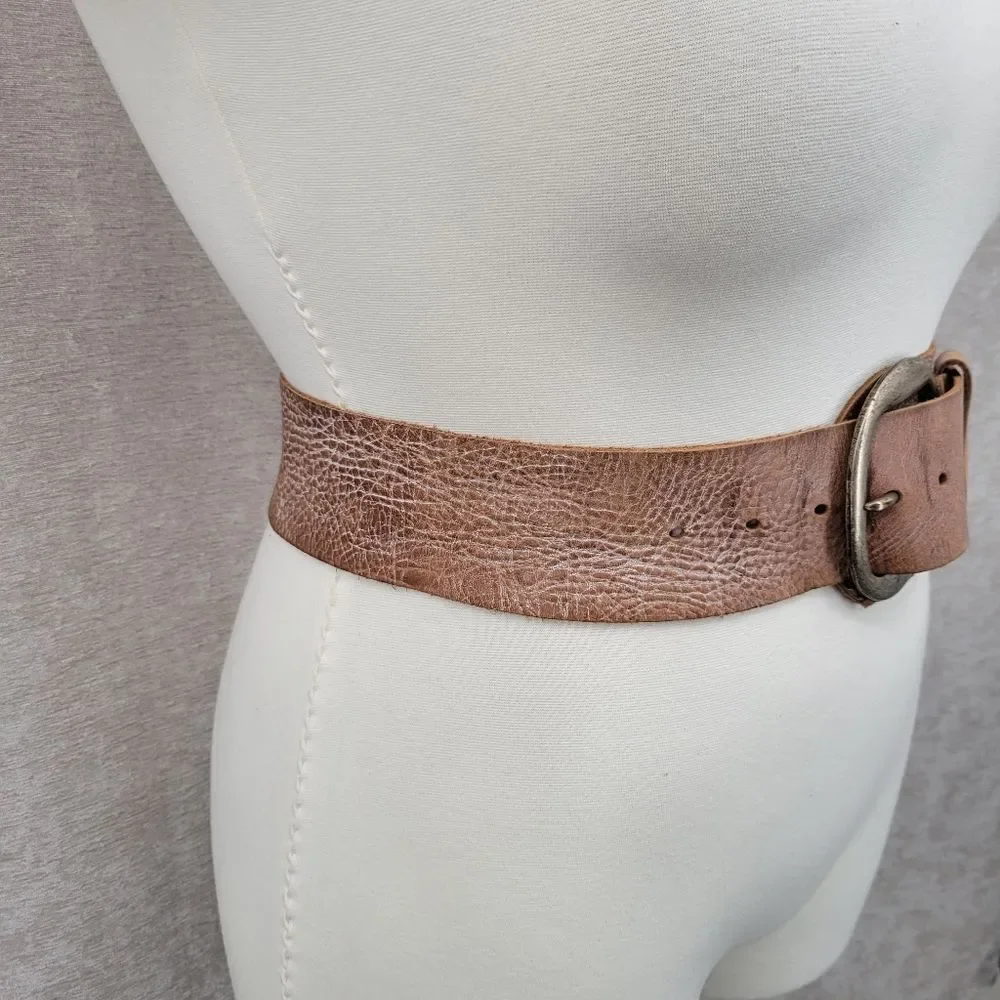 Classic Wide Brown Leather Belt with Antiqued Buckle
